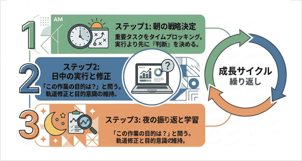 「頭の中の経営者」を育てる3ステップ（ステップ1は朝の戦略決定、ステップ2は日中の実行と修正、ステップ3は夜の振り返りと学習）